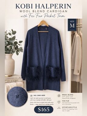 Kobi Halperin Wool Blend Cardigan Navy Fox Fur Trim Size M